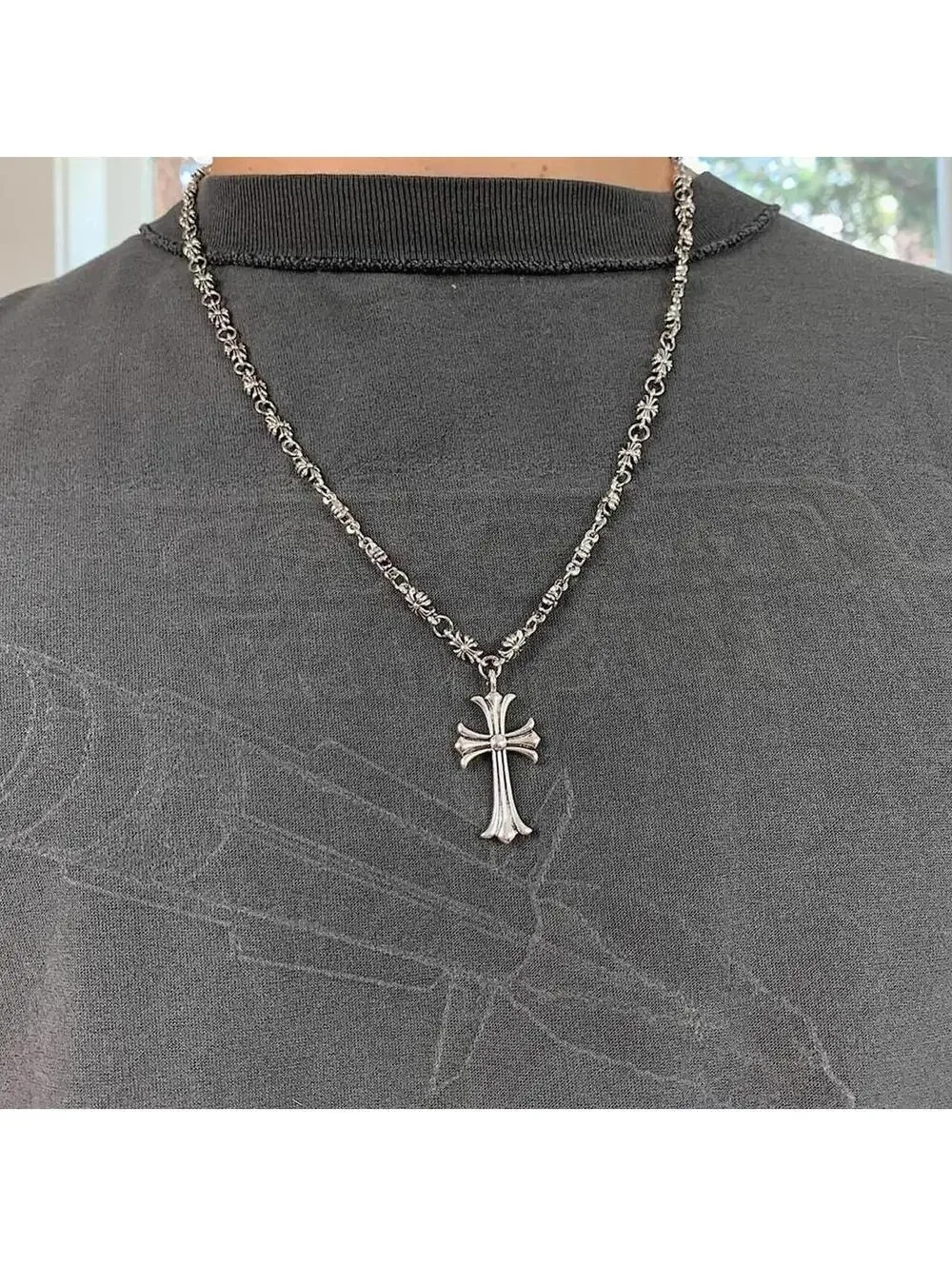 Grunge Cyber y2k silver cross long necklace chain. 24 inches length. Unisex